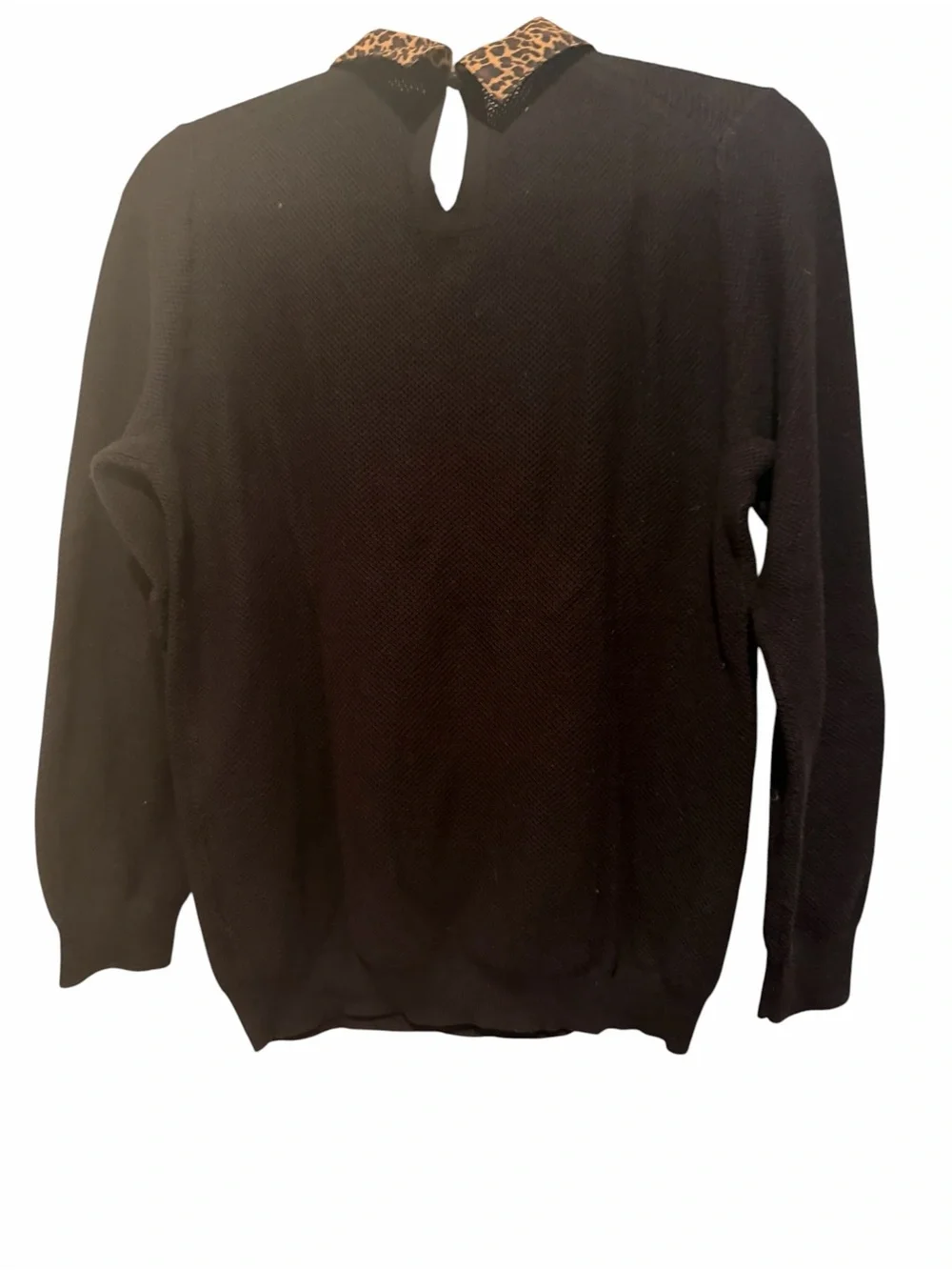 J. Crew Black Crewneck Long Sleeve Sweater w/ Leopard Print Collar Medium NWOT